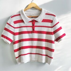 NEW Universal Thread Crochet Knit Crop Henley Top Women's Large Red Stripe